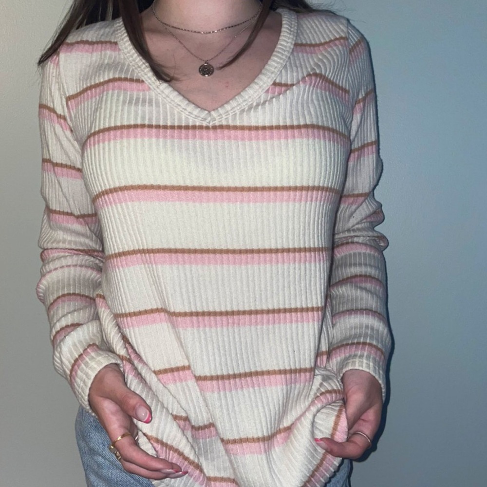 Pink and tan striped white sweater